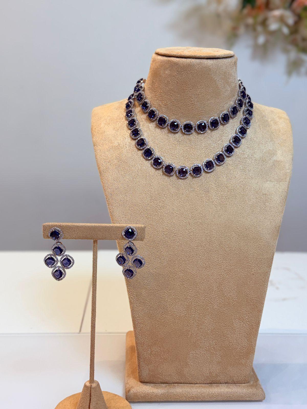 Classic Sapphire Blue Layered Necklace & Earrings Set – Timeless Evening Jewelry
