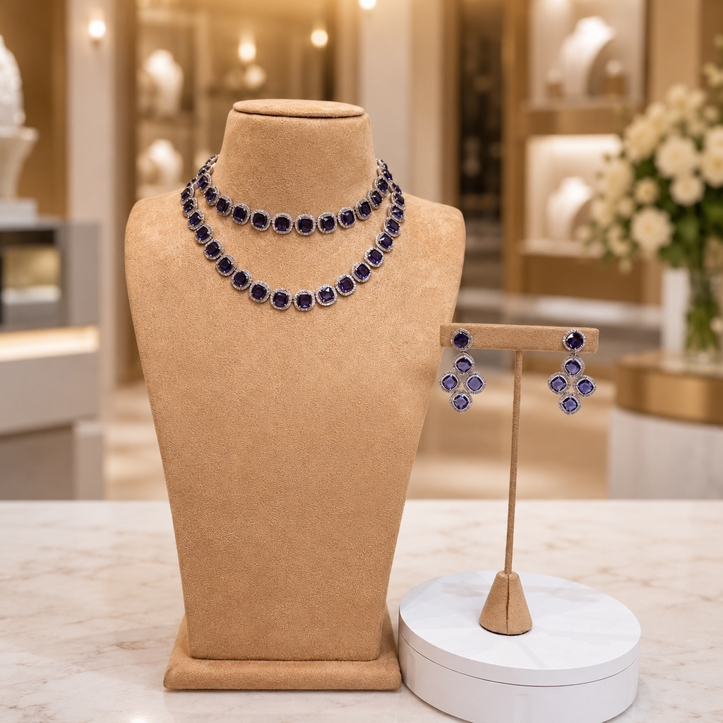 Classic Sapphire Blue Layered Necklace & Earrings Set – Timeless Evening Jewelry