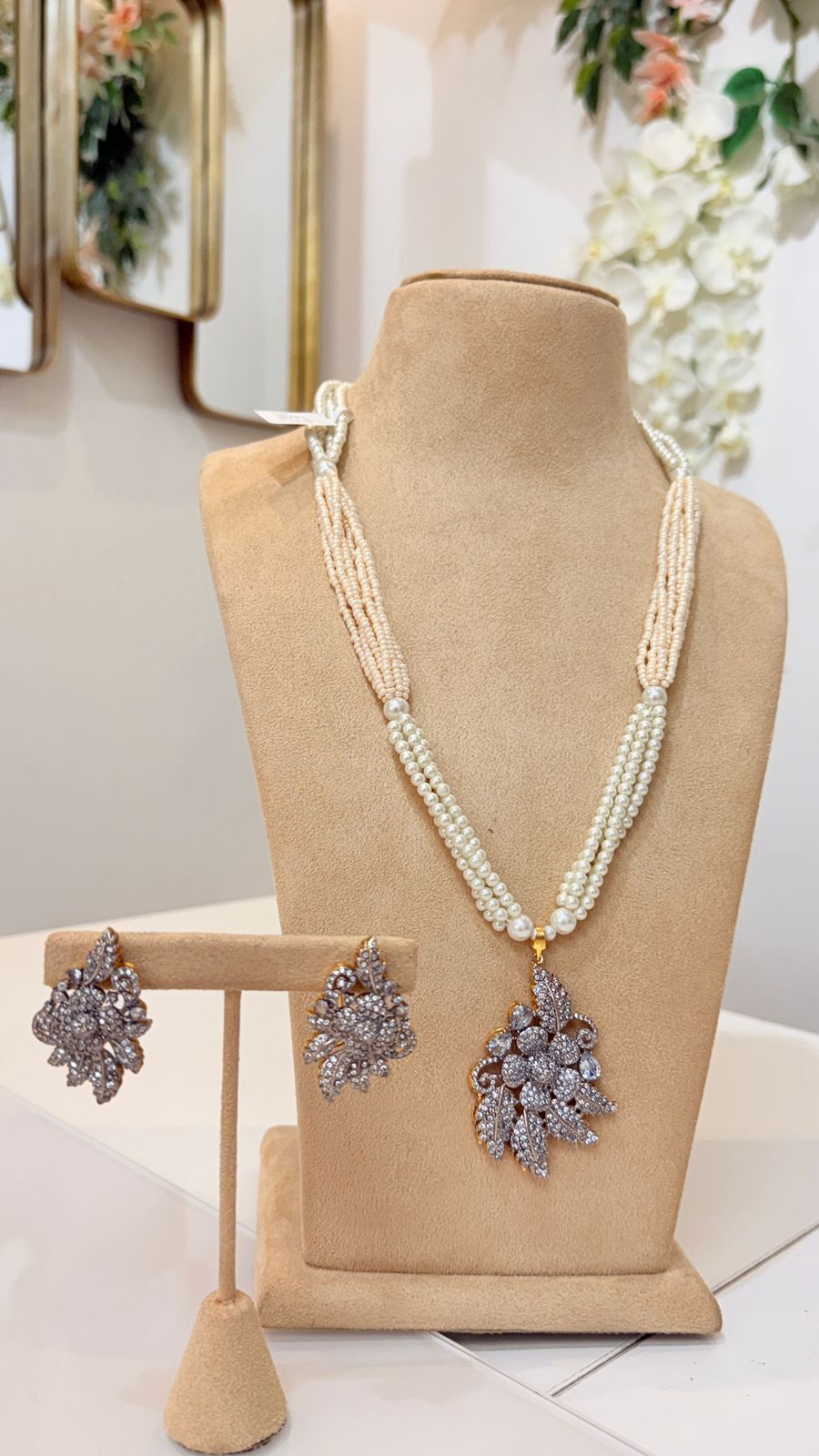 Cream Pearl Floral Pendant Necklace Set with Matching Earrings