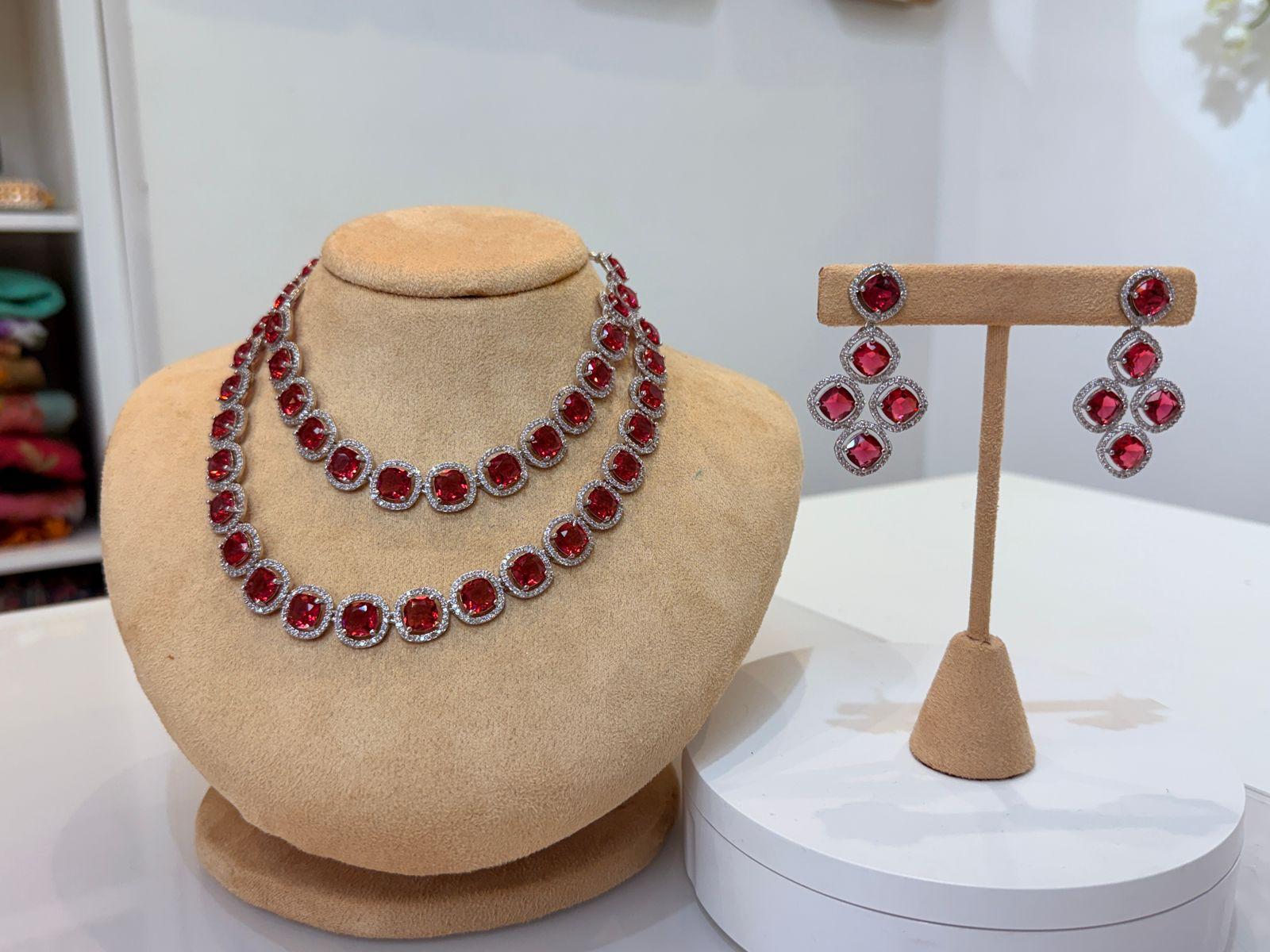 Elegant Ruby Red Double-Layer Necklace & Earrings Set – Wedding Party Jewelry