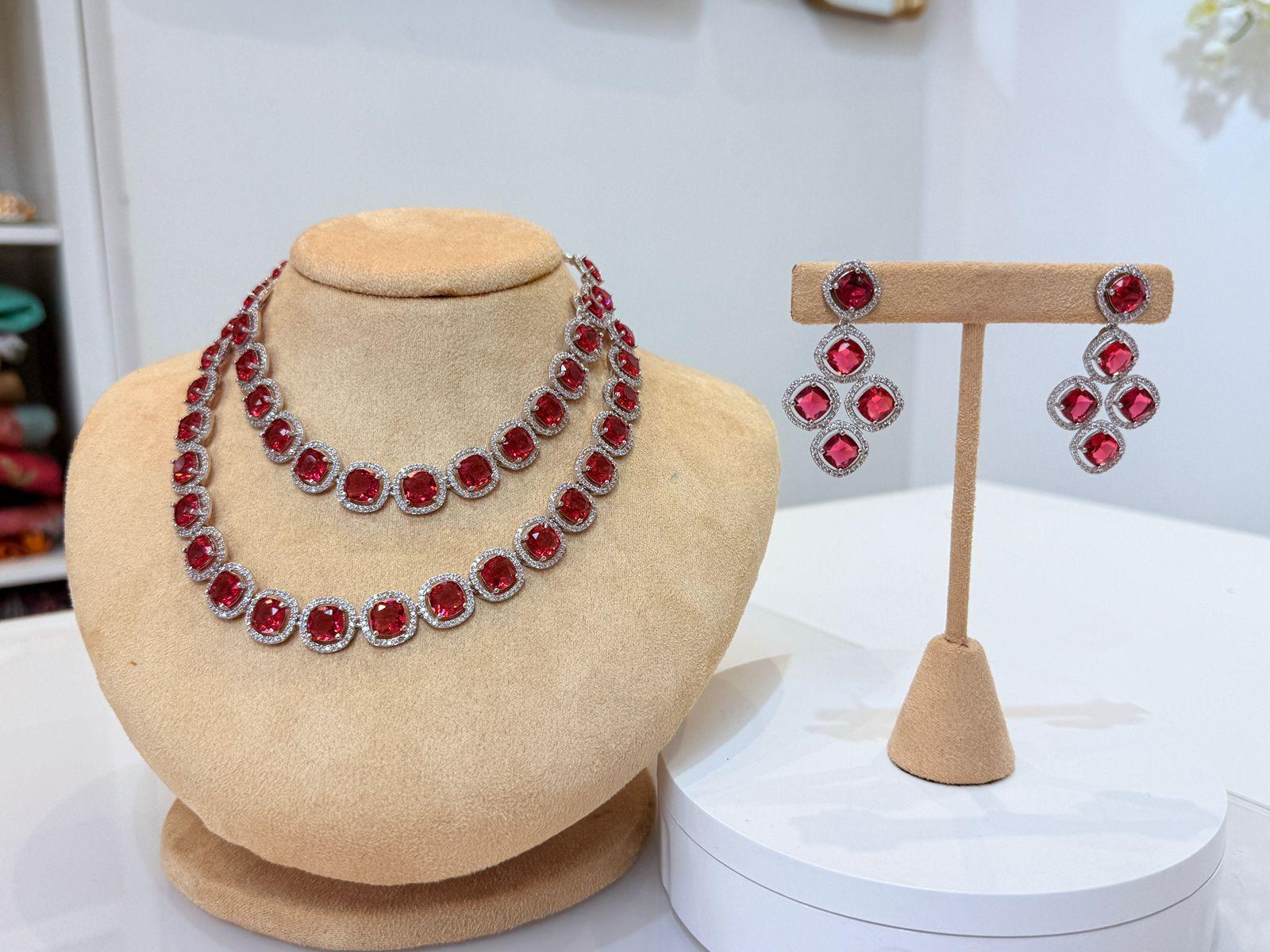 Elegant Ruby Red Double-Layer Necklace & Earrings Set – Wedding Party Jewelry