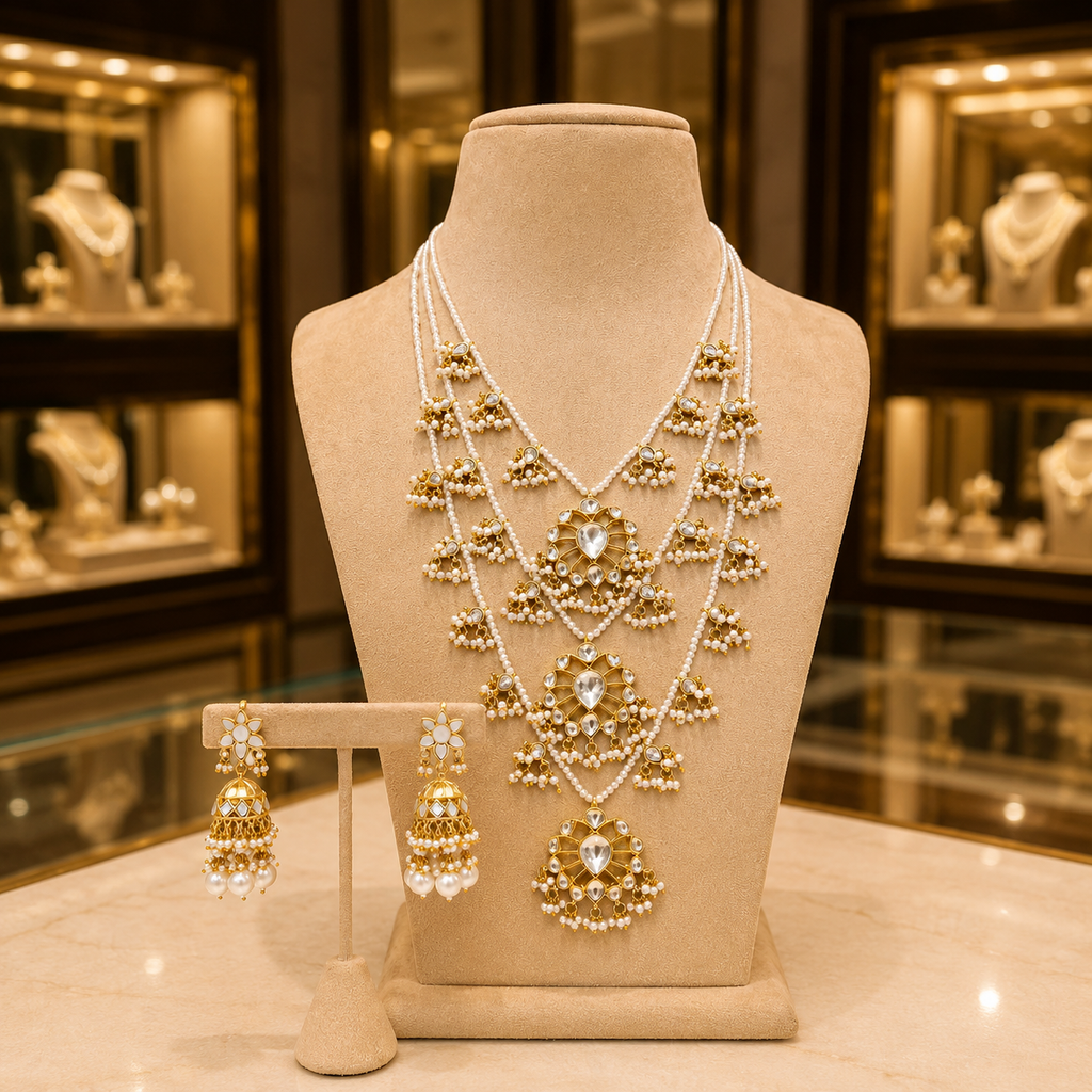 Elegant Gold-Mother of Pearls Rani Haar necklace Set with Jhumka Earrings