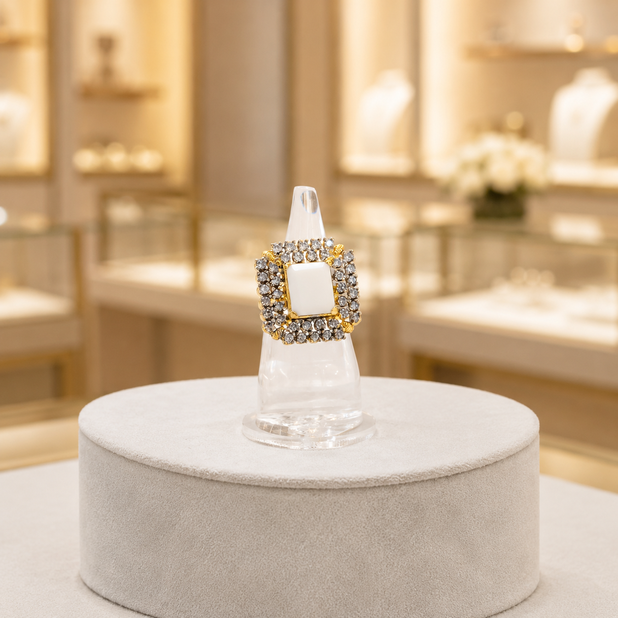 Gold-Tone White Square Statement Ring with Crystal Halo