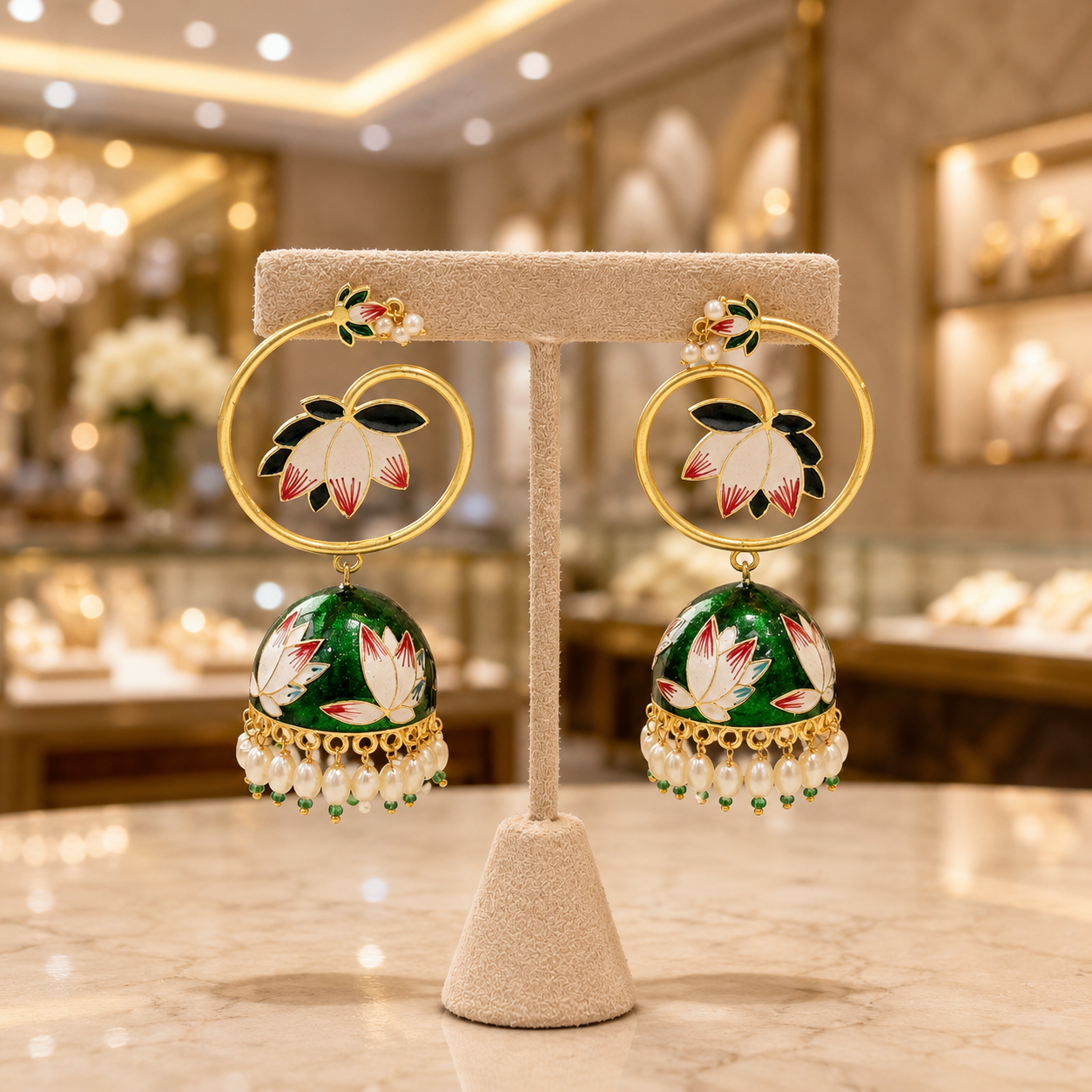 Elegant Green Floral Jhumka Earrings for Women