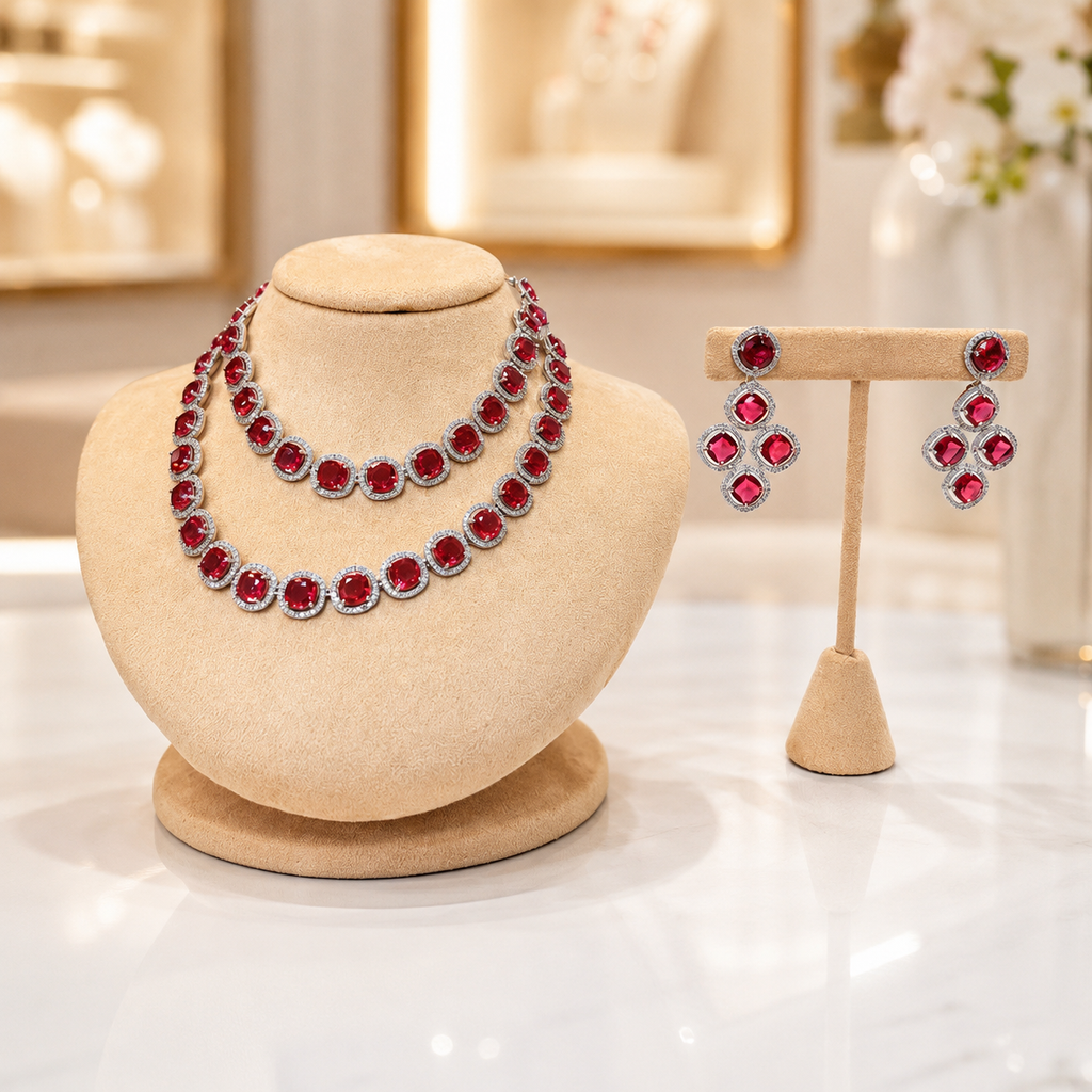 Elegant Ruby Red Double-Layer Necklace & Earrings Set – Wedding Party Jewelry