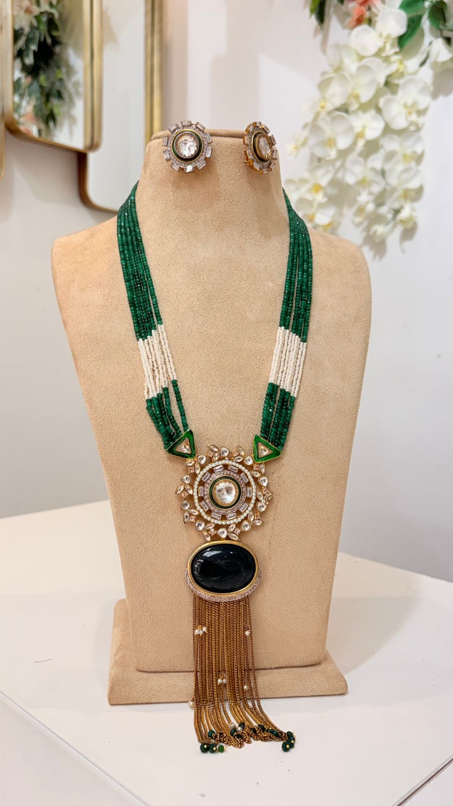Emerald Beaded Long Necklace with Black Stone Tassel Pendant