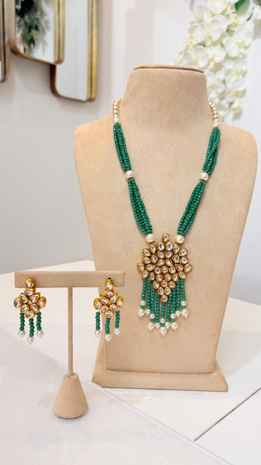 Emerald Green Beaded Kundan Tassel Necklace Set with Matching Earrings