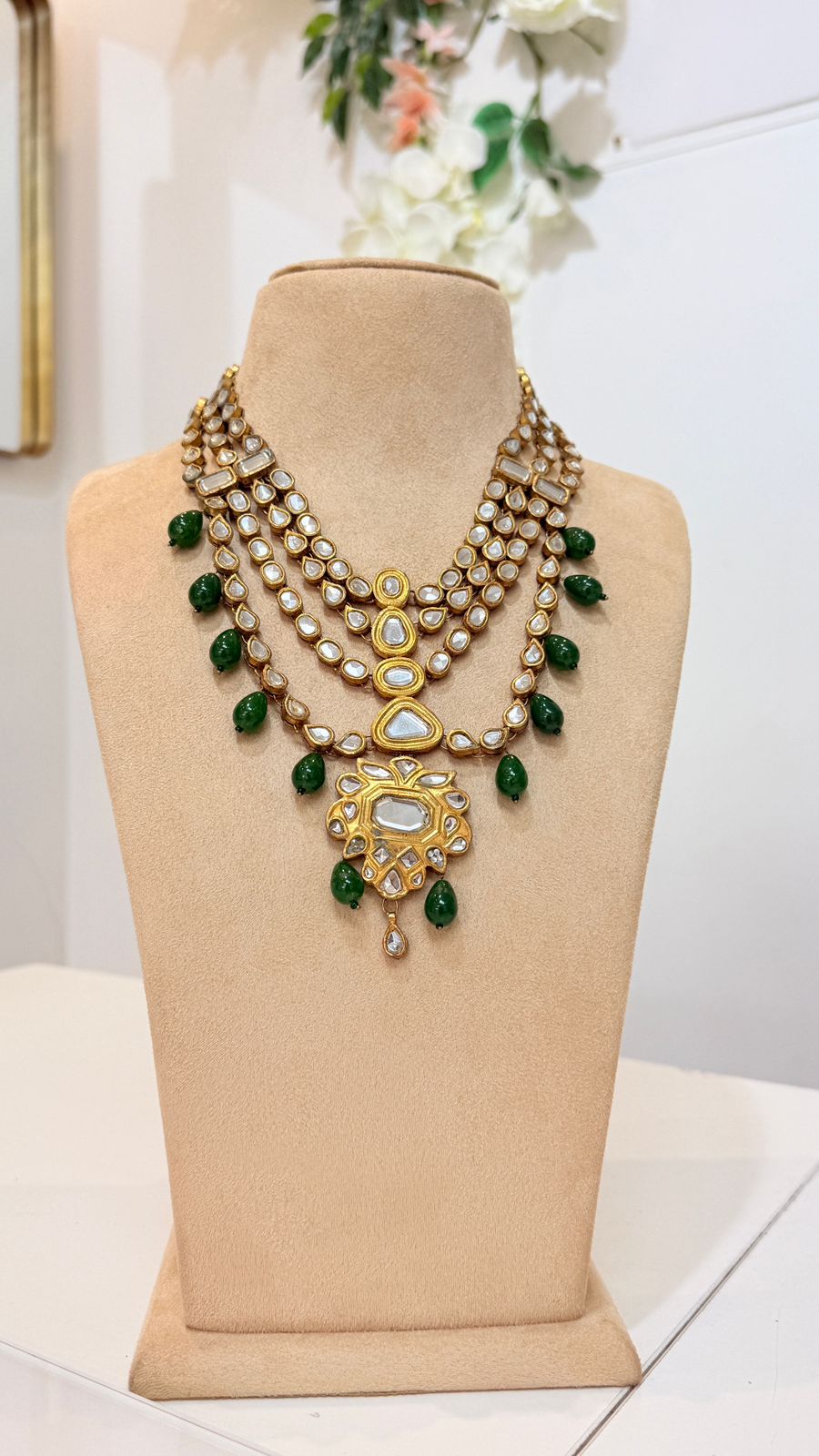Emerald Green Kundan Layered Necklace with Gold Pendant