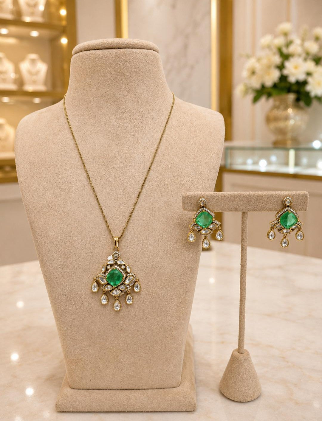 Emerald Green Kundan Pendant Necklace Set with Matching Earrings