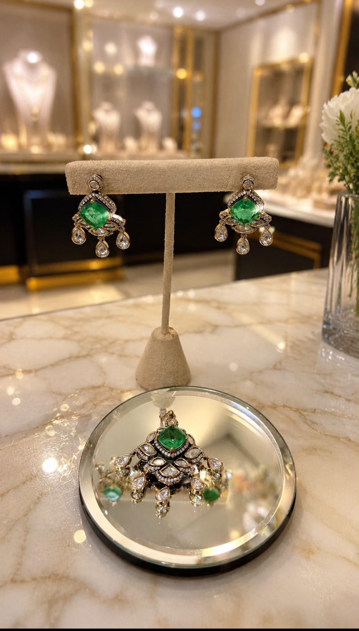Emerald Green Kundan Style Drop Earrings with Maang Tikka