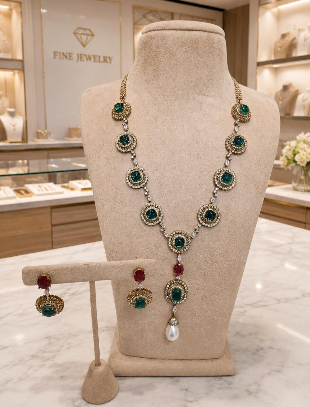 Emerald Green Pearl Drop Necklace Set with Matching Earrings