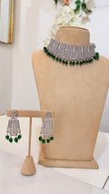 Emerald Green Silver Choker Set with Matching Drop Earrings