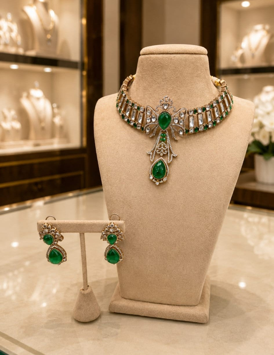 Emerald Green Stone Choker Necklace Set with Matching Earrings