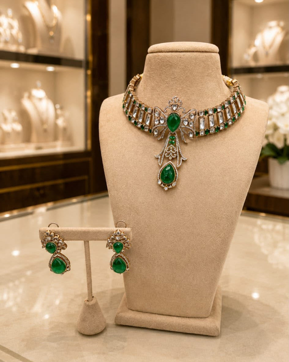 Emerald Green Stone Choker Necklace and Earrings Set