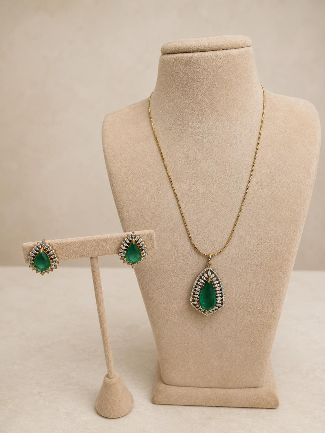 Emerald Green Teardrop Pendant Necklace Set with Matching Earrings