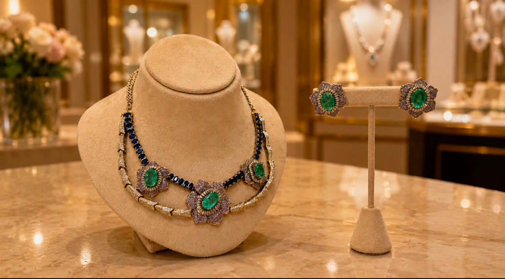 Emerald Green and Navy Blue Floral Necklace and Earrings Set