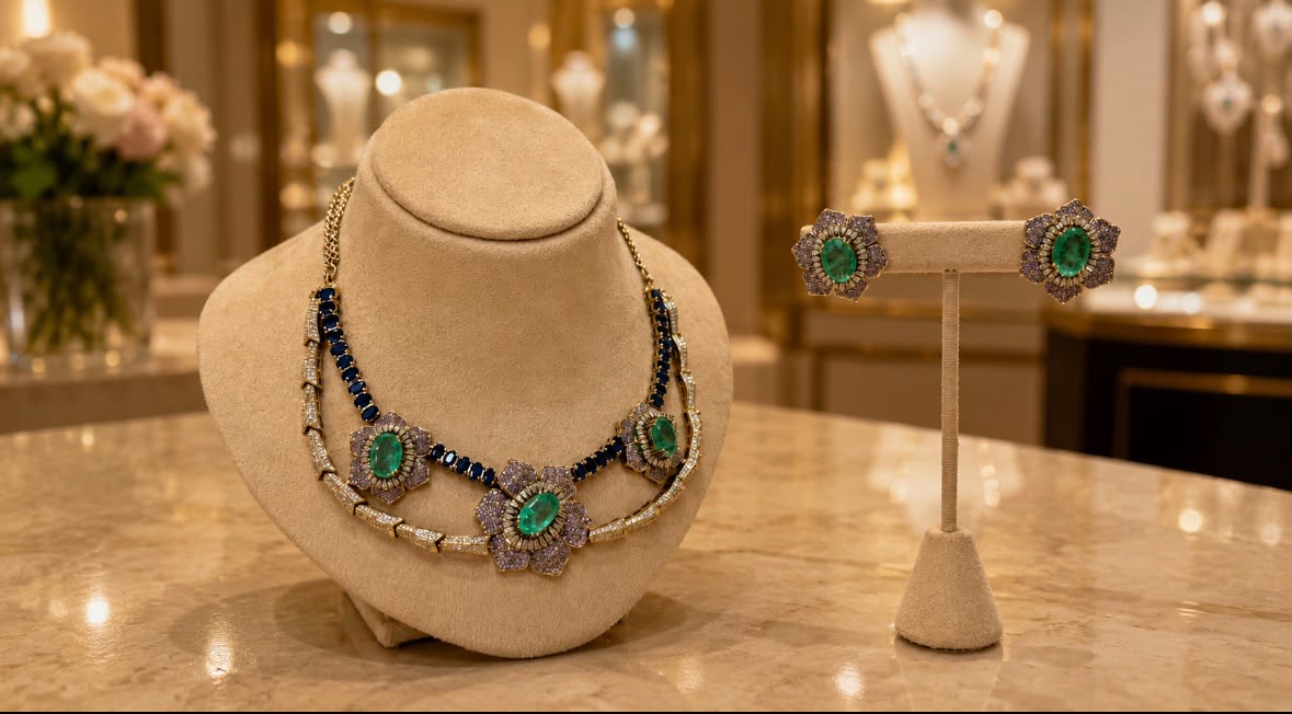 Emerald Green and Navy Blue Floral Necklace and Earrings Set
