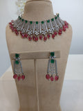 Emerald Pink Stone Silver Choker Set with Matching Earrings
