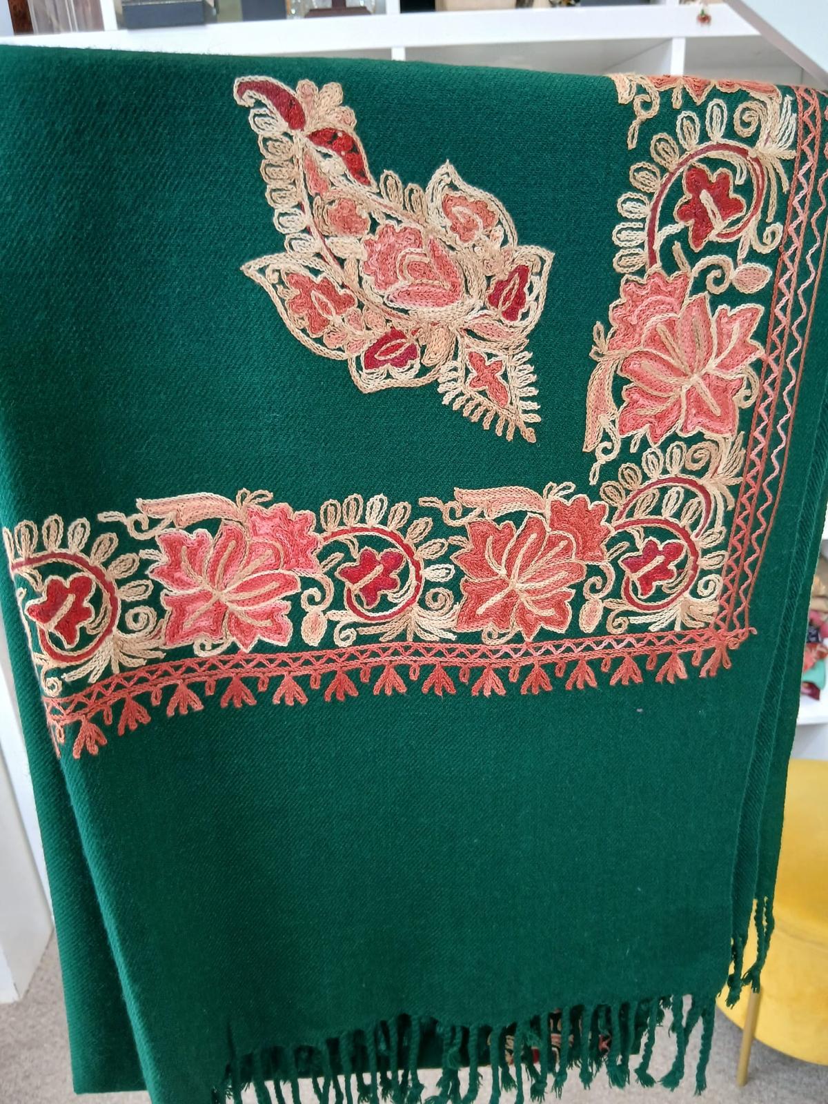 Emerald Rose Kashmiri Embroidered Shawl