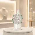 Silver-Tone Floral Statement Ring with Emerald Green & Clear Crystal Stones