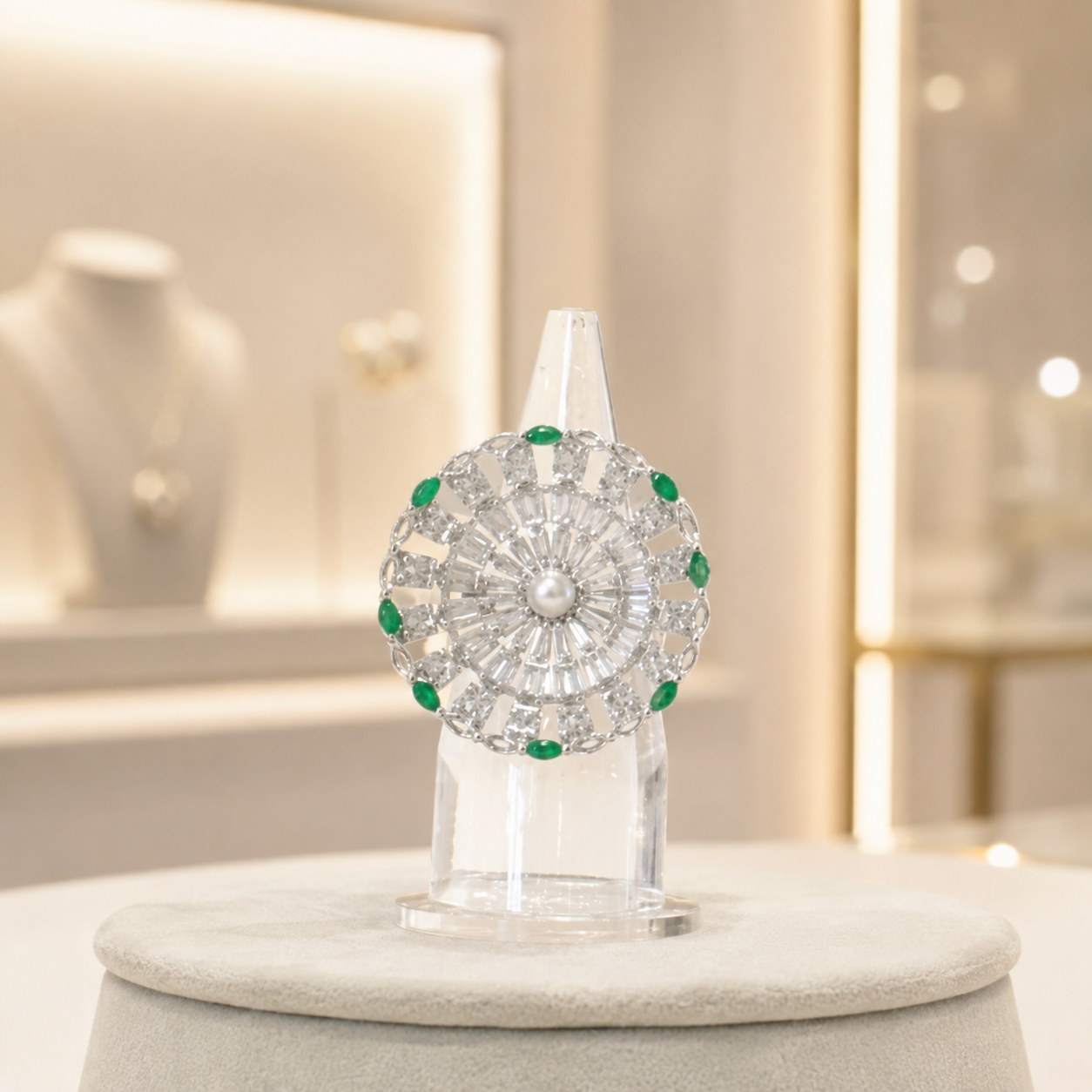 Silver-Tone Floral Statement Ring with Emerald Green & Clear Crystal Stones