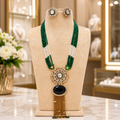 Emerald Beaded Long Necklace with Black Stone Tassel Pendant