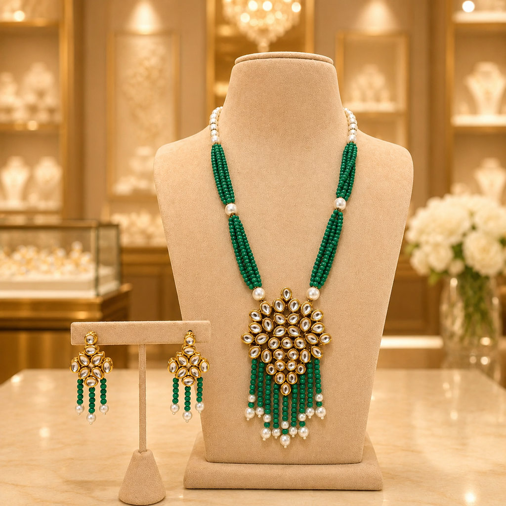 Emerald Green Beaded Kundan Tassel Necklace Set with Matching Earrings