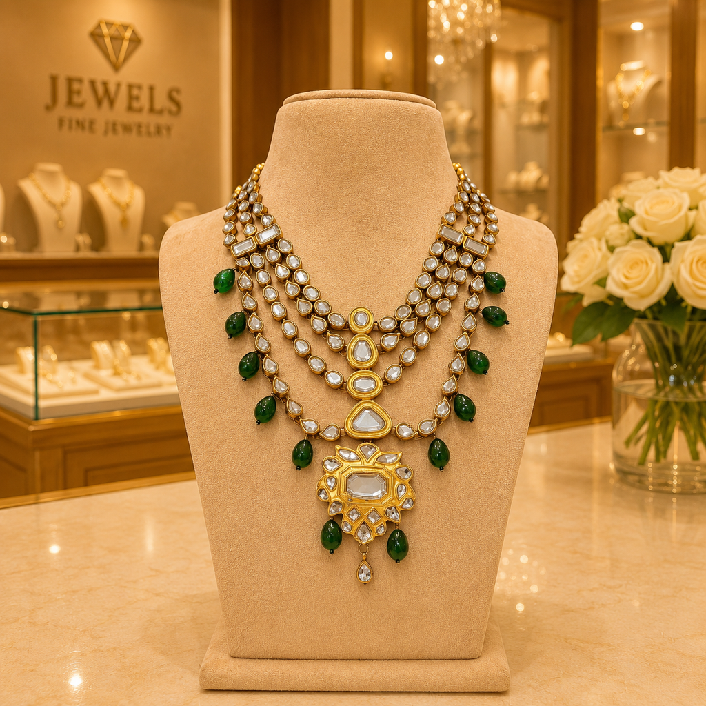 Emerald Green Kundan Layered Necklace with Gold Pendant
