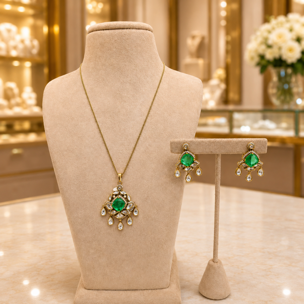 Emerald Green Kundan Pendant Necklace Set with Matching Earrings