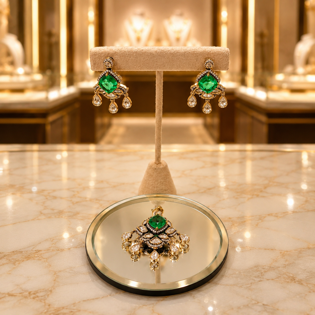 Emerald Green Kundan Style Drop Earrings with Maang Tikka