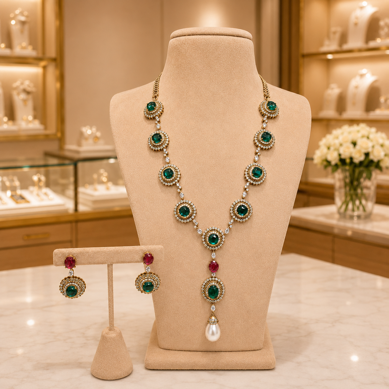 Emerald Green Pearl Drop Necklace Set with Matching Earrings