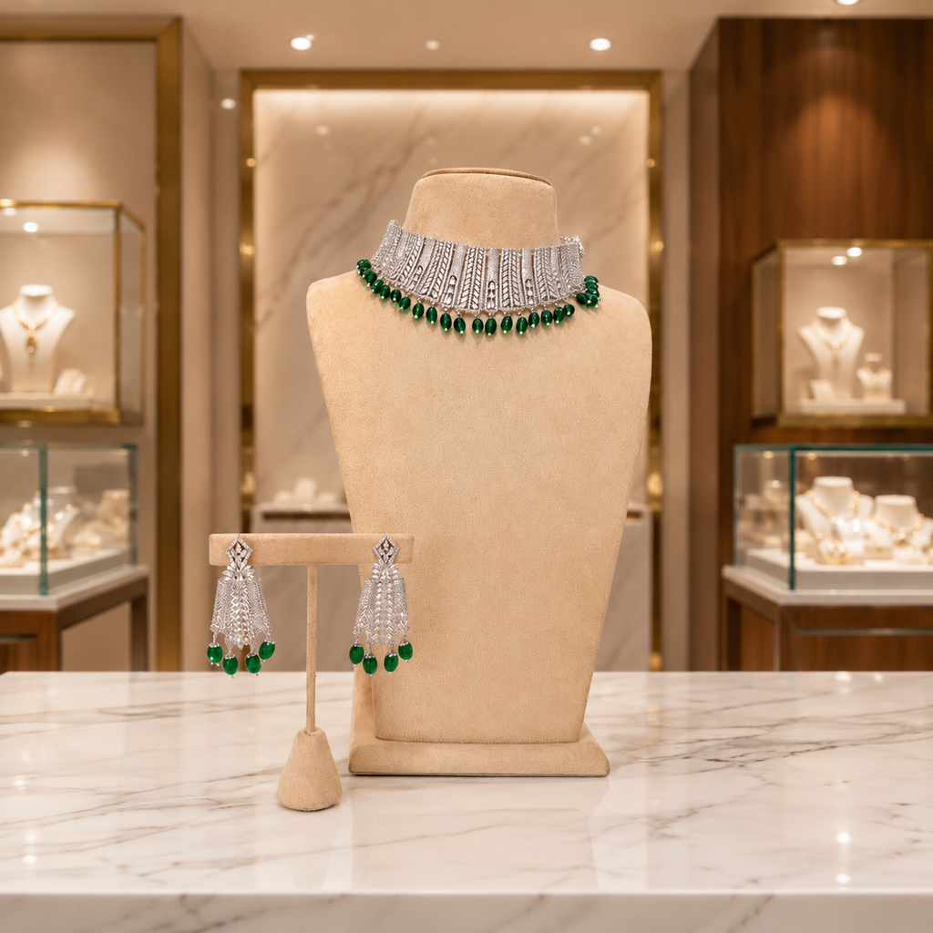 Emerald Green Silver Choker Set with Matching Drop Earrings
