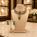 Emerald Green Stone Choker Necklace Set with Matching Earrings