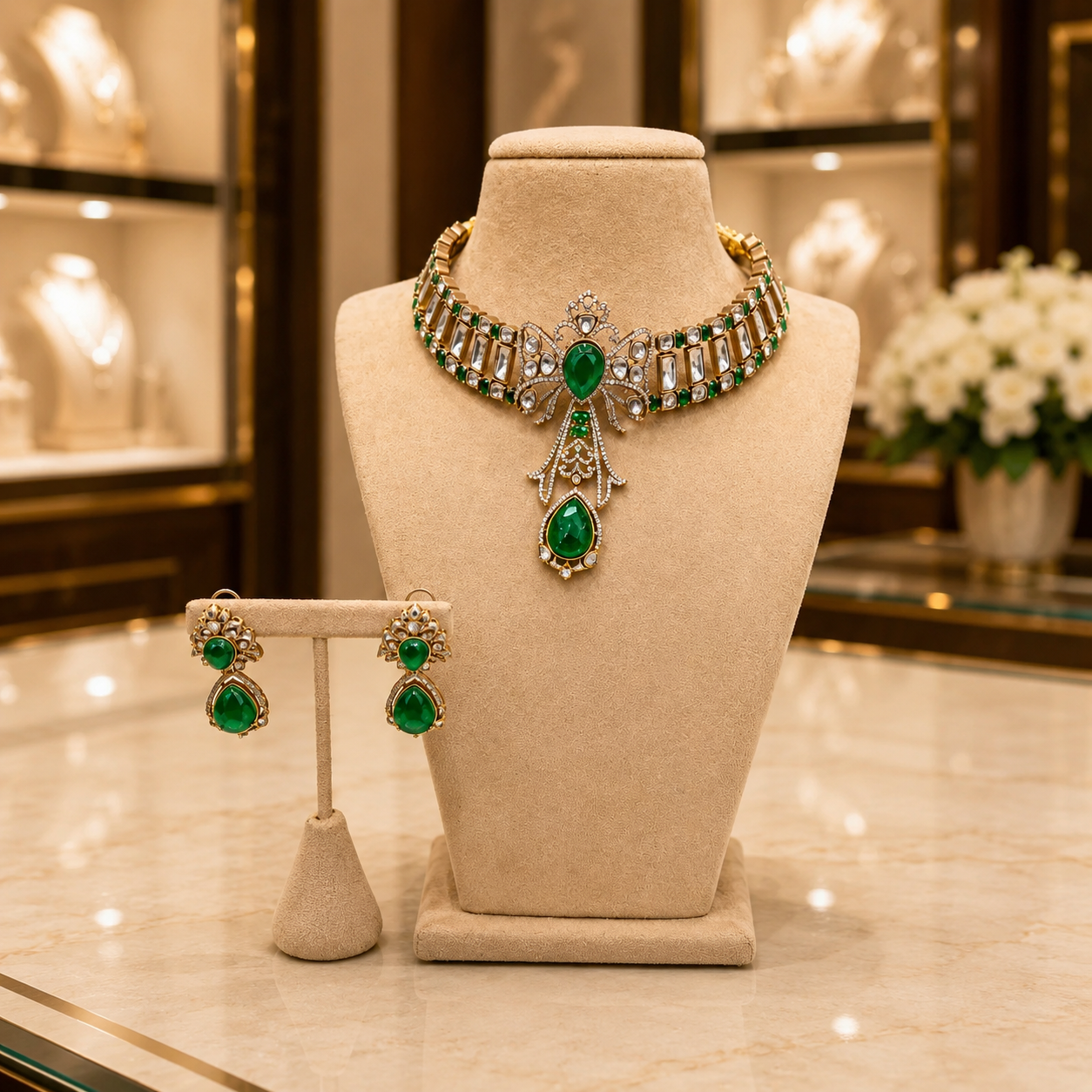 Emerald Green Stone Choker Necklace Set with Matching Earrings