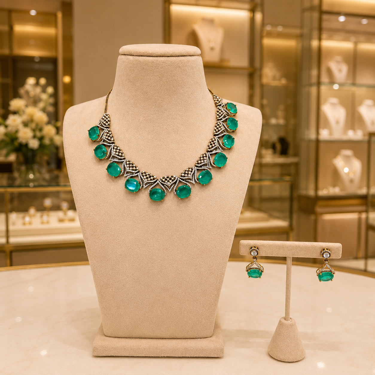 Emerald Green Stone Silver Necklace and Earrings Set
