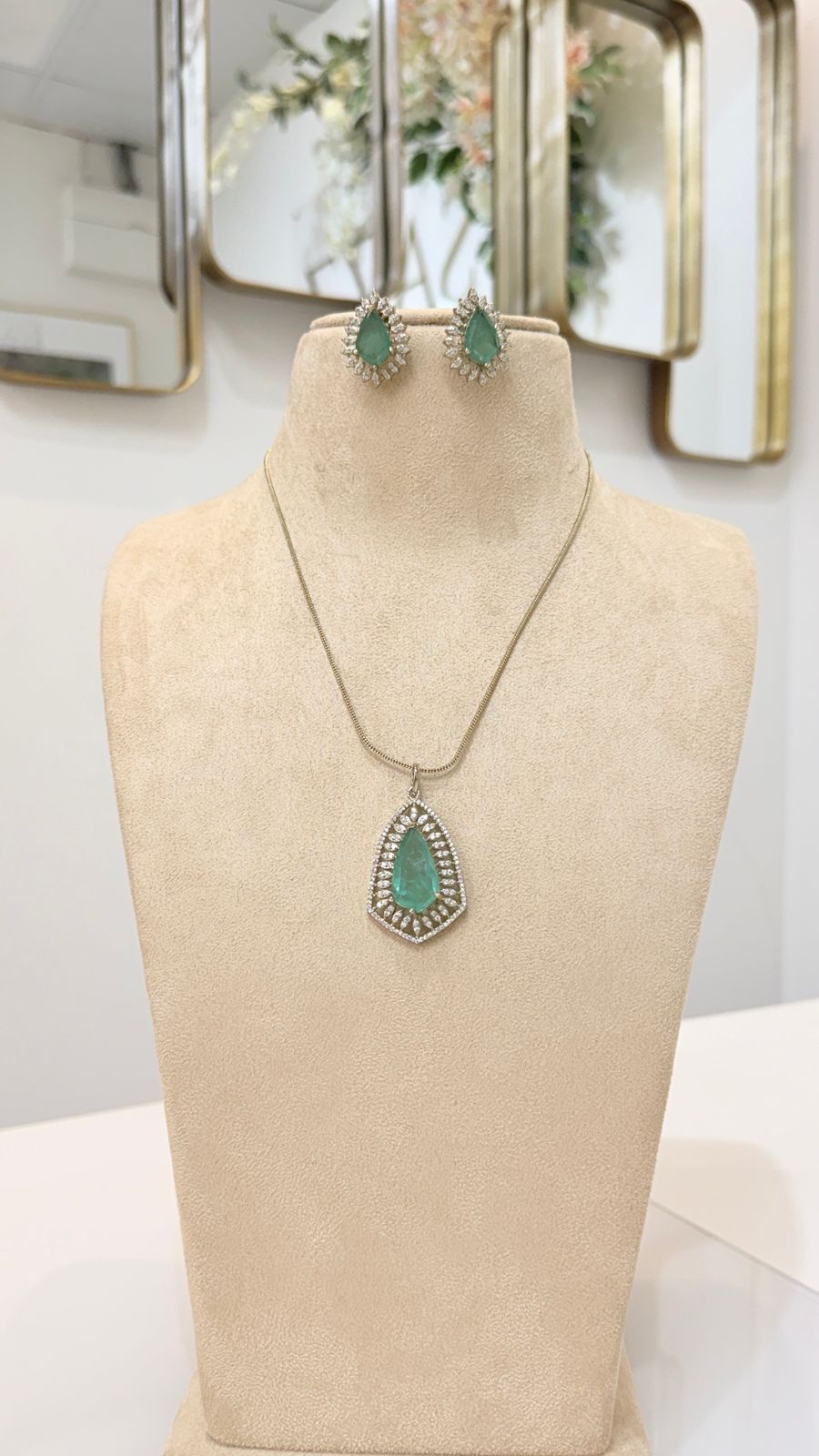 Emerald Green Teardrop Pendant Necklace Set with Matching Earrings