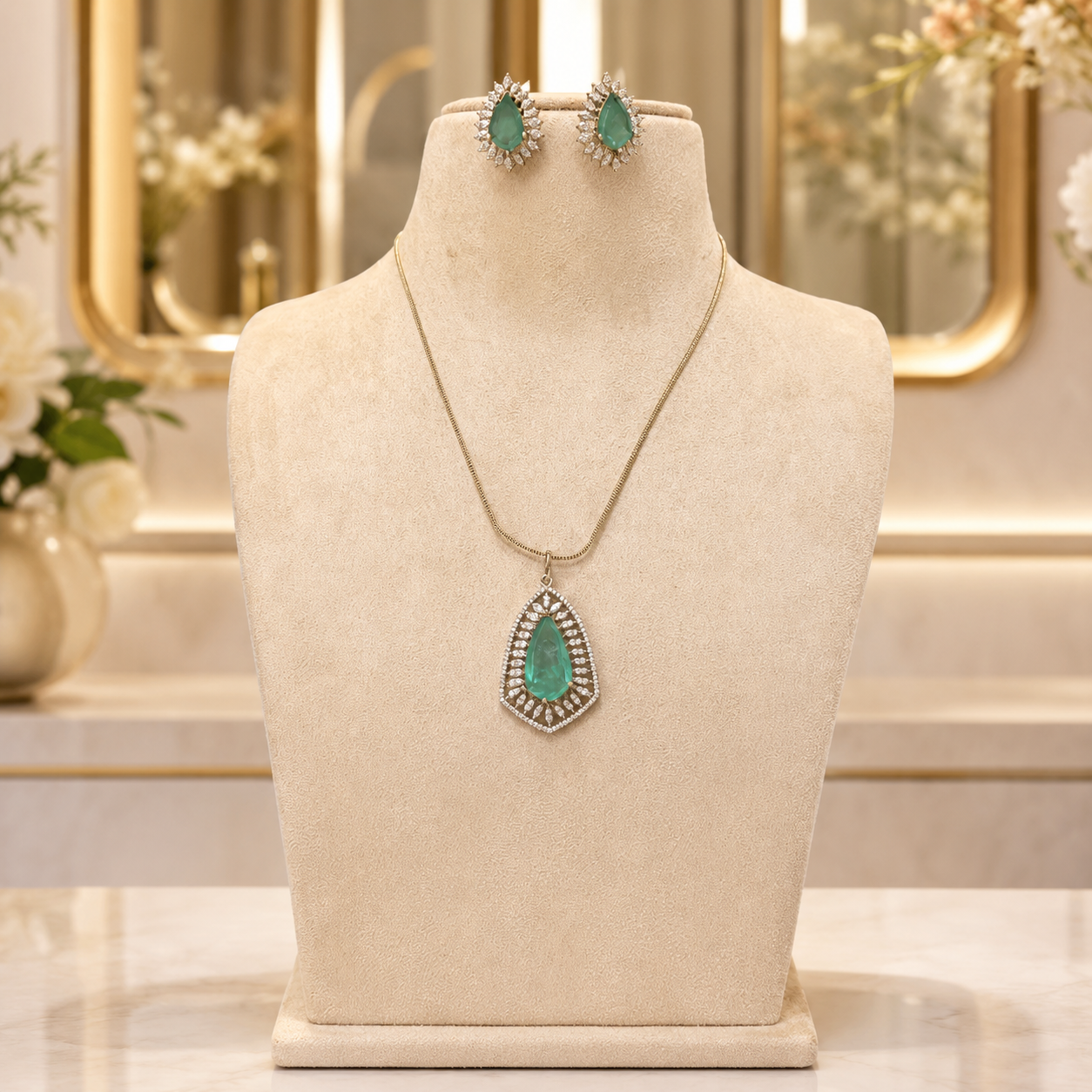 Emerald Green Teardrop Pendant Necklace Set with Matching Earrings