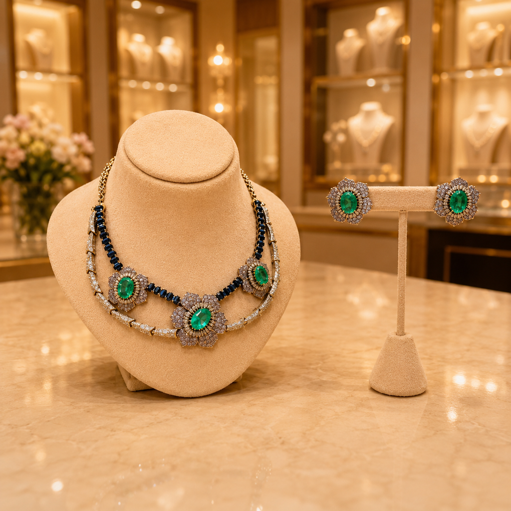 Emerald Green and Navy Blue Floral Necklace and Earrings Set