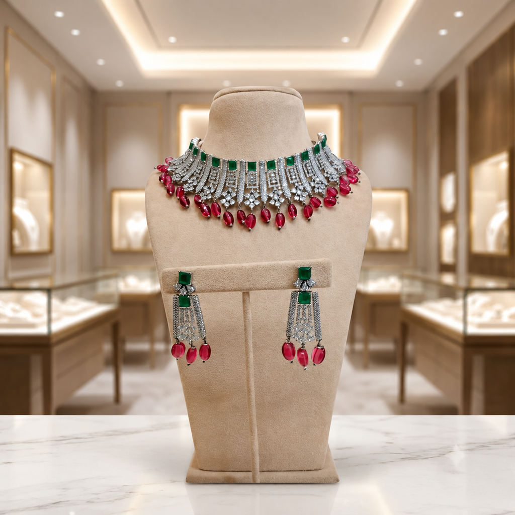 Emerald Pink Stone Silver Choker Set with Matching Earrings