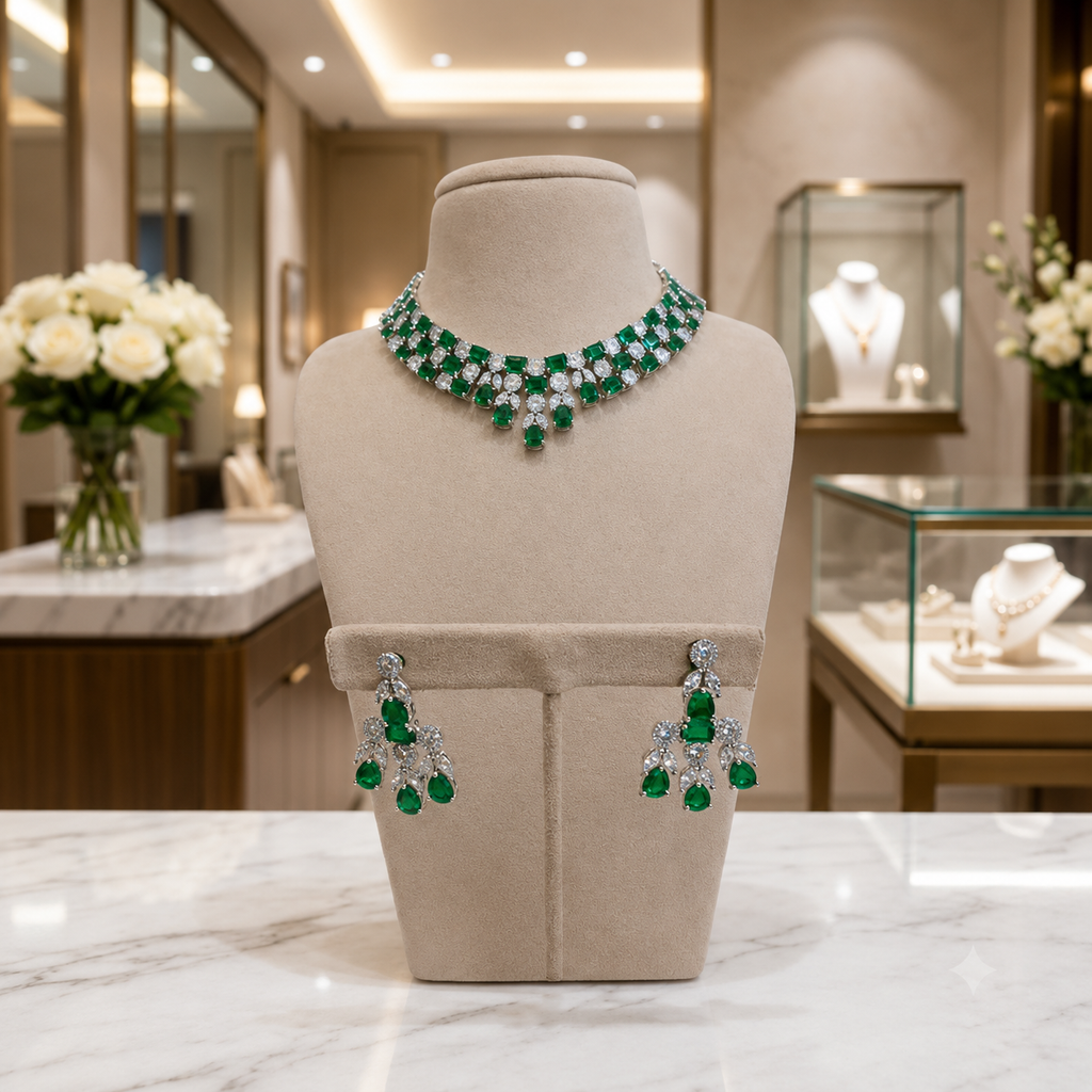 Emerald Silver Choker Set with Matching Drop Earrings