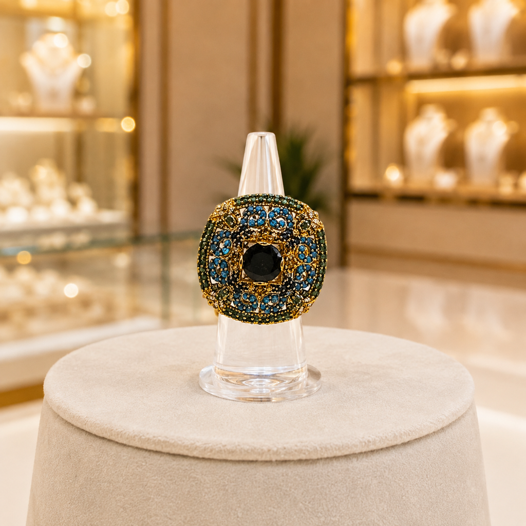 Gold-Tone Black & Blue Stone Ring