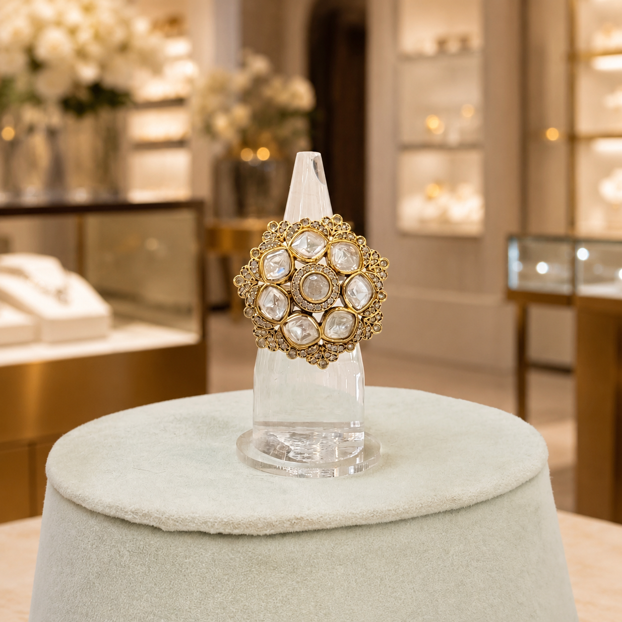 Gold-Tone Clear Crystal Floral Ring with Ornate Halo