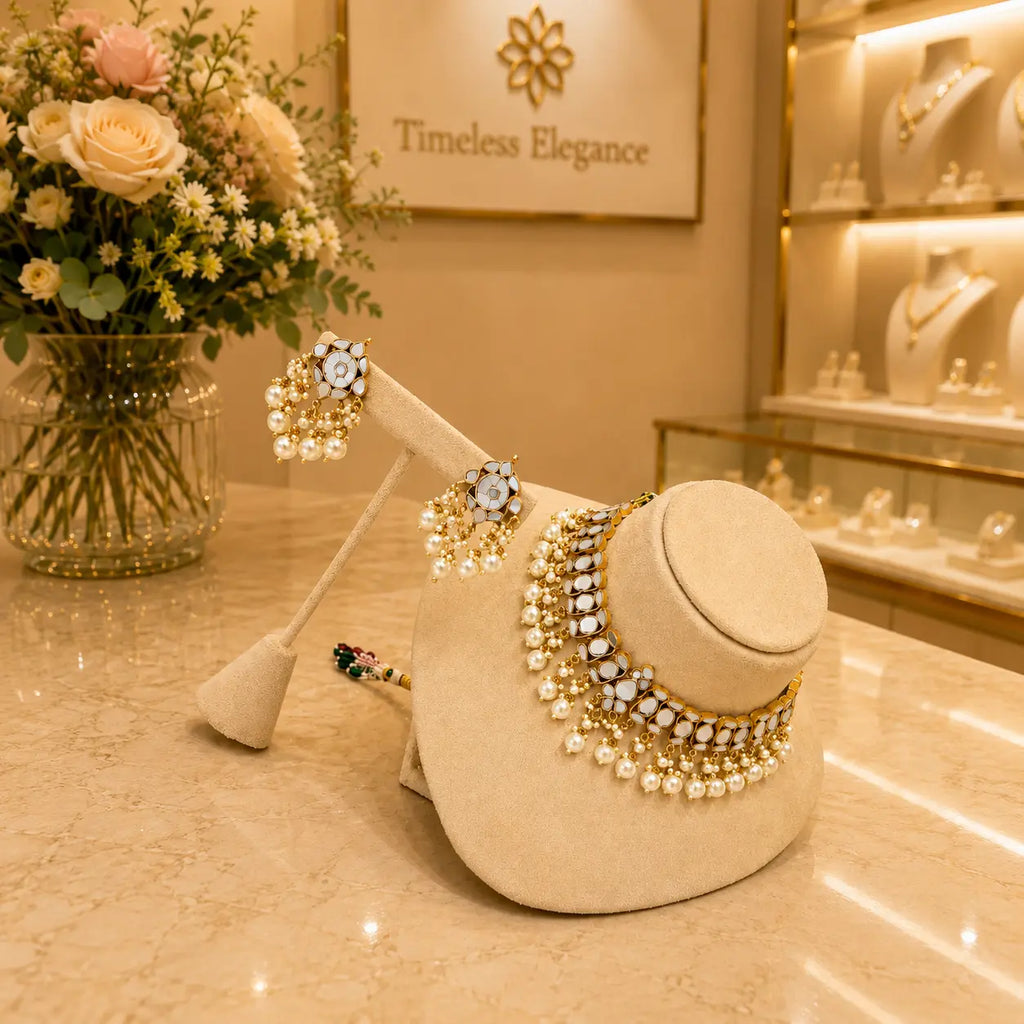 Gold-Tone Mirror Kundan Choker Set with Pearl Drop Earrings