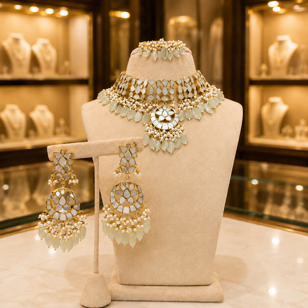 Gold-Tone Mother of Pearls Choker Set with Pearl Bead Earrings & Tikka