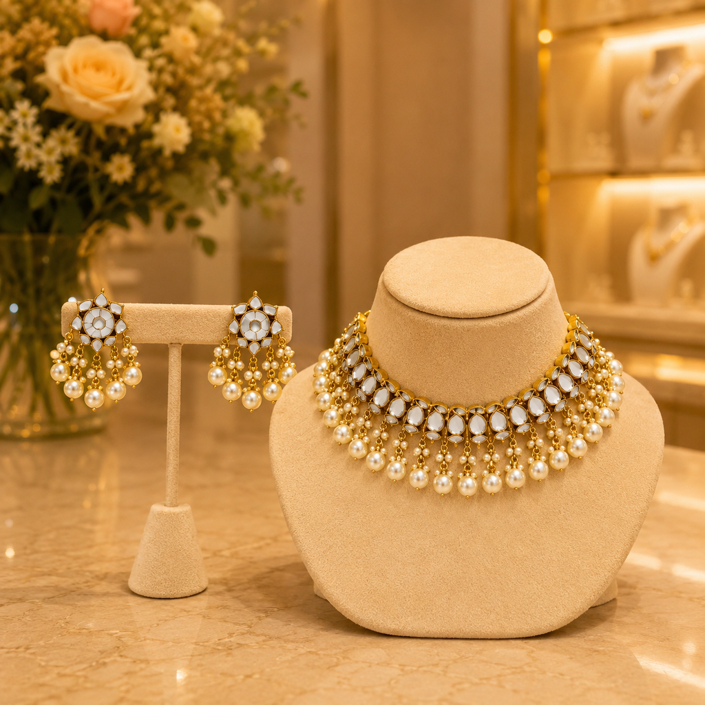 Gold-Tone Mother of Pearls Choker Set with Pearl Beaded Earrings & Tika