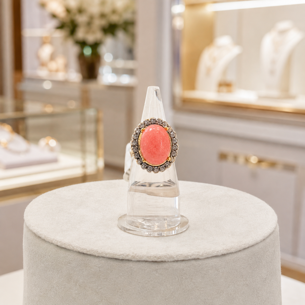Gold-Tone Pink Oval Ring with Crystal Halo