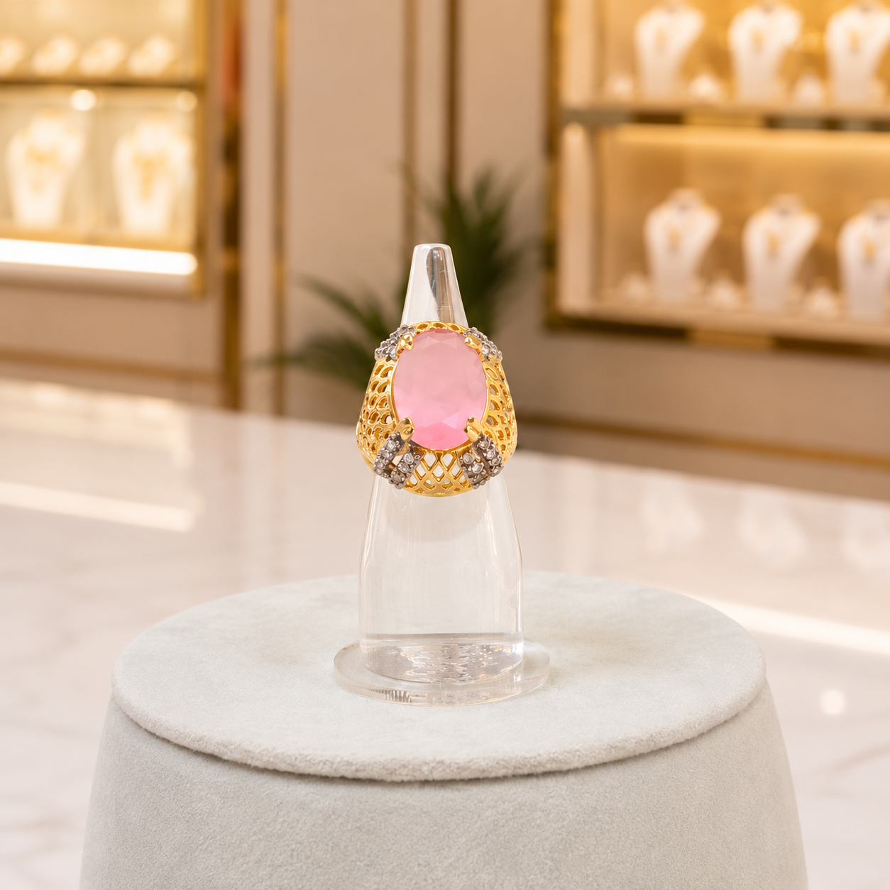 Gold-Tone Pink Oval Stone Ring