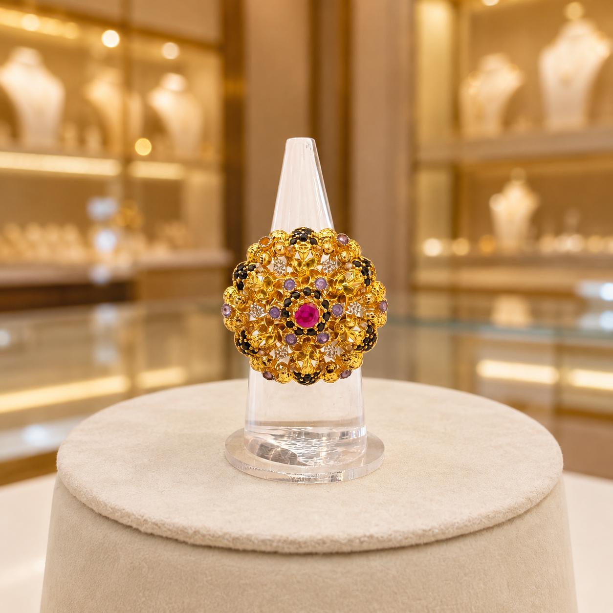 Gold-Tone Pink & Purple Cluster Ring