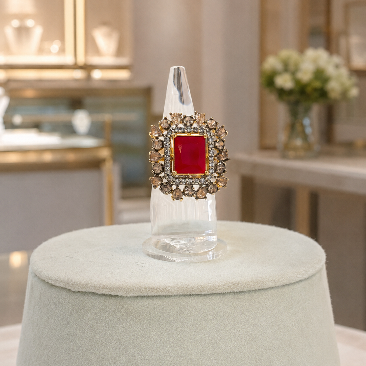 Gold-Tone Red Rectangular Ring with Clear & Champagne Crystal Halo