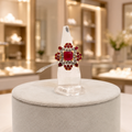 Gold-Tone Red Square Ring with Crystal Floral Cluster
